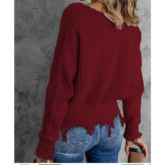 Womens Distressed v-neck Crop Sweater Red Size Small - Picture 2 of 7